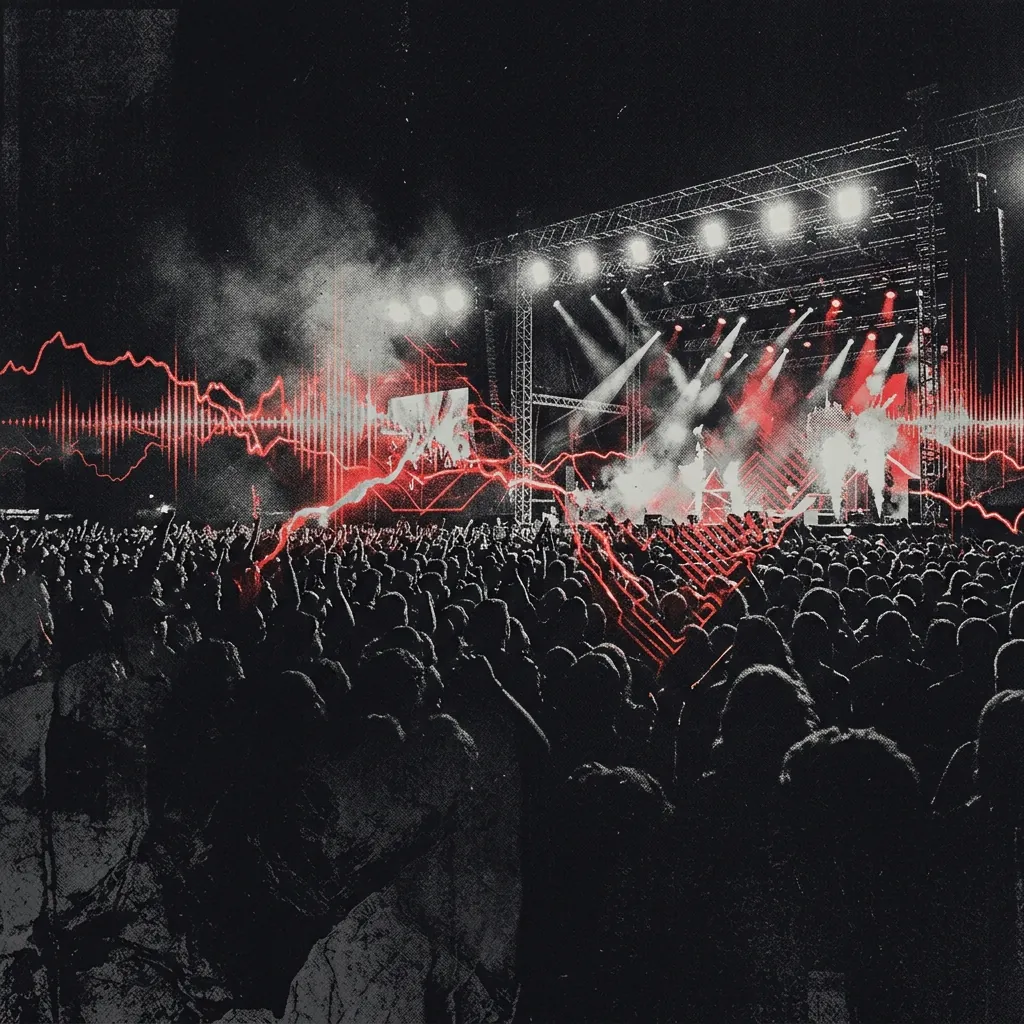 ilustración tributo de un escenario de metal con luces de estadio, ondas sonoras digitales y energía eléctrica en colores rojo y negro, sin texto ni logotipos, atmósfera de concierto masivo
