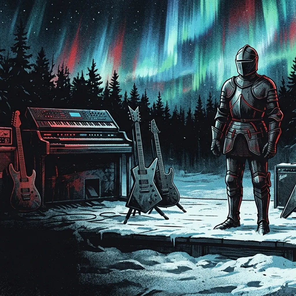 ilustración tributo de una soprano con armadura medieval de pie sobre un escenario nevado bajo una aurora boreal, guitarras eléctricas y teclados orquestales en la oscuridad, bosque de pinos finlandés al fondo, sin rostros reconocibles ni logos, paleta rojo y negro con destellos azul frío