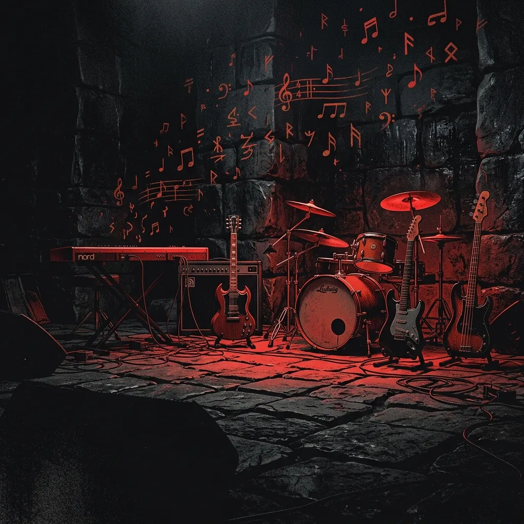 ilustración tributo de una sala de ensayo con teclados y guitarras iluminados en rojo sobre el suelo de una fortaleza de piedra nórdica, notas musicales flotando como runas en el aire oscuro, sin rostros ni logos, paleta rojo y negro con detalles en óxido