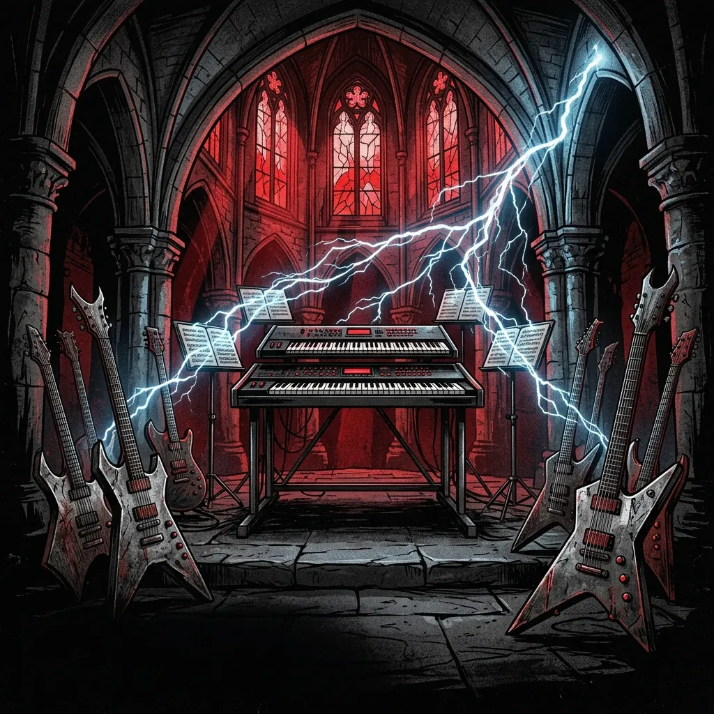 ilustración tributo de un teclado de concierto rodeado de guitarras eléctricas de acero bajo una bóveda de piedra nórdica con vitrales rojos, partituras orquestales convertidas en relámpagos de electricidad azul, metal sinfónico finlandés sin texto ni logotipos, paleta rojo y negro con reflejos plateados