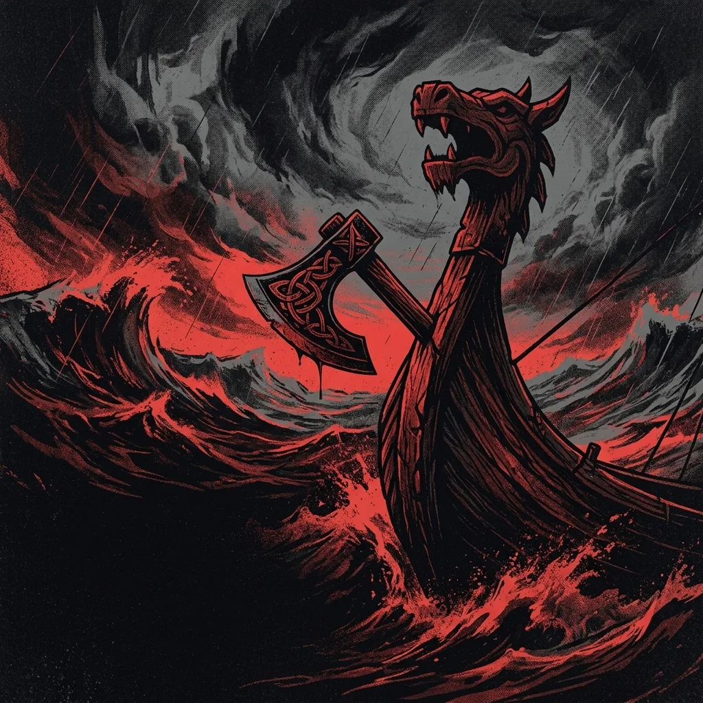 ilustración tributo de un hacha de guerra vikinga clavada en la proa de un drakkar que surca un mar tempestuoso bajo un cielo de tormenta, atmósfera melodic death metal nórdico años 90, sin rostros reconocibles ni logos, paleta rojo y negro