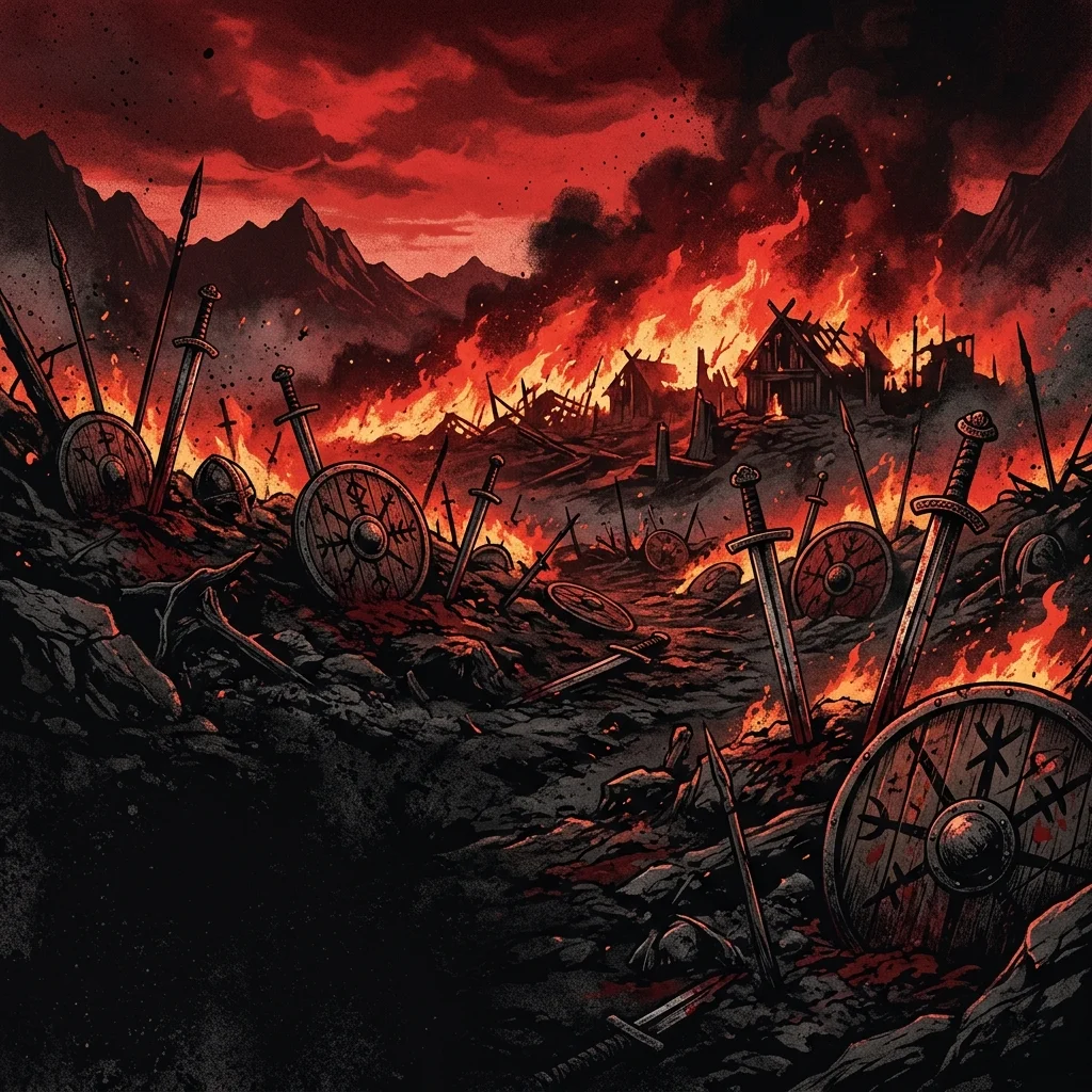 ilustración tributo de un campo de batalla nórdico en llamas con espadas y escudos enterrados en la tierra bajo un cielo rojo sangre, atmósfera metal vikingo contemporáneo, sin rostros ni logos, paleta rojo y negro intensa