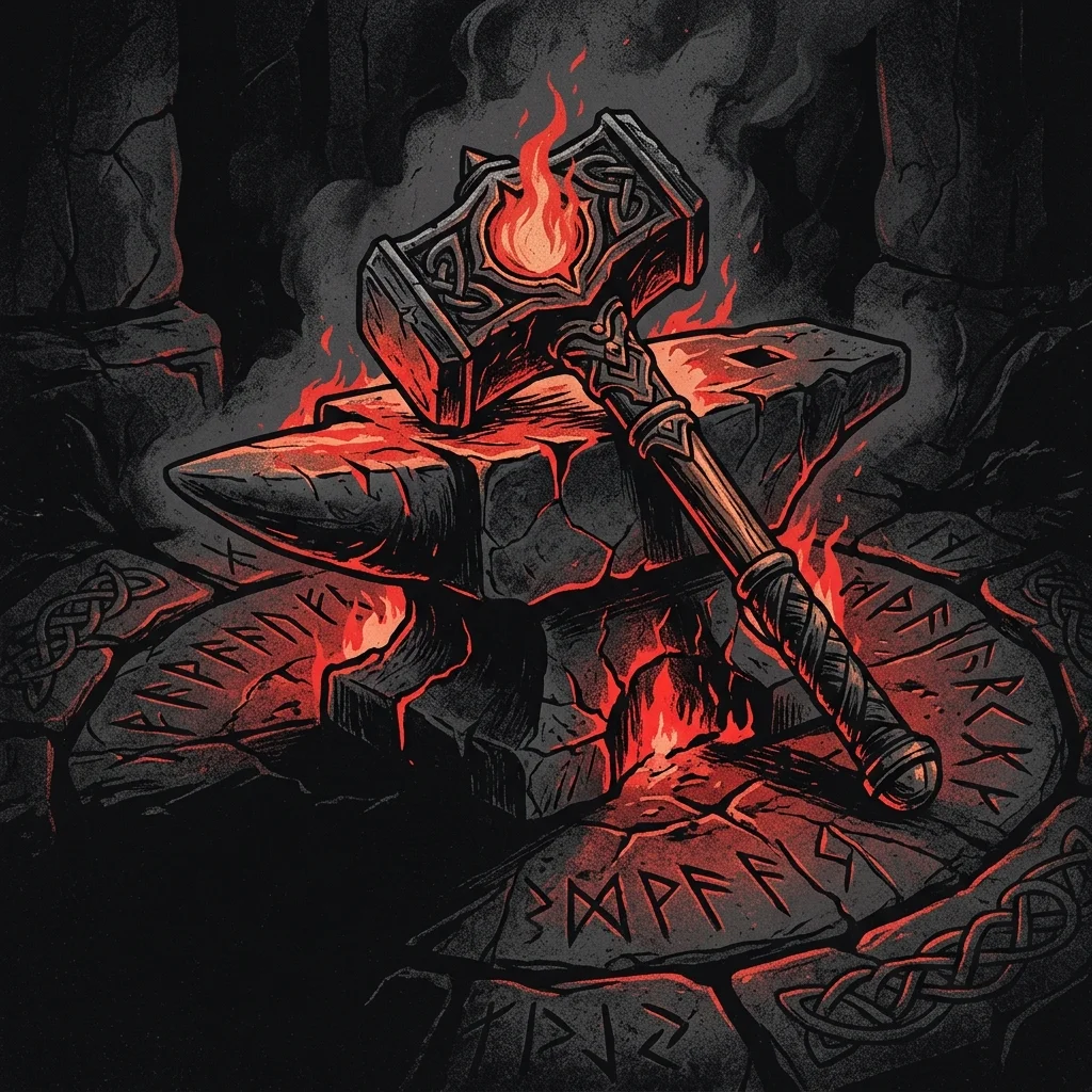 ilustración tributo de un martillo de guerra sobre un yunque encendido rodeado de runas nórdicas grabadas en piedra, atmósfera melodic death metal vikingo, sin texto ni logotipos, paleta rojo y negro con destellos de cobre