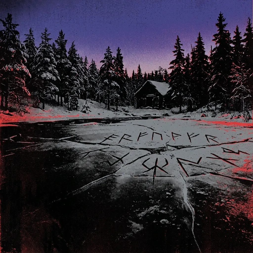 ilustración tributo de un lago finlandés helado rodeado de pinos nevados bajo un cielo crepuscular añil, atmosfera death metal nórdico años 90, runas trazadas sobre la superficie del hielo, sin rostros reconocibles ni logos, paleta rojo y negro