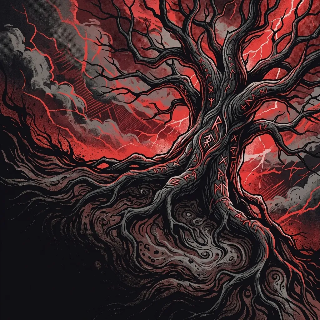 ilustración tributo de un árbol ancestral con raíces que se hunden en tierra oscura y ramas que alcanzan un cielo tormentoso con destellos de relámpago, energía progressive metal finlandés contemporáneo, runas grabadas en la corteza, sin rostros ni logos, paleta rojo y negro intensa