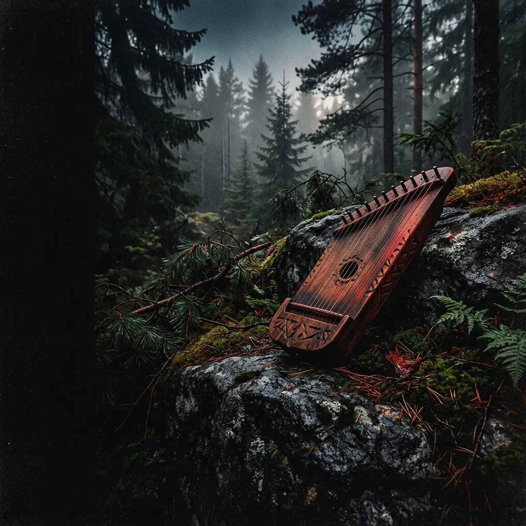 ilustración tributo de un kantele —instrumento de cuerda tradicional finlandés— apoyado sobre roca húmeda junto a hojas de pino y musgo oscuro, luz crepuscular filtrada a través de niebla, atmósfera folk metal progresivo, sin texto ni logotipos, paleta rojo y negro con destellos de ámbar