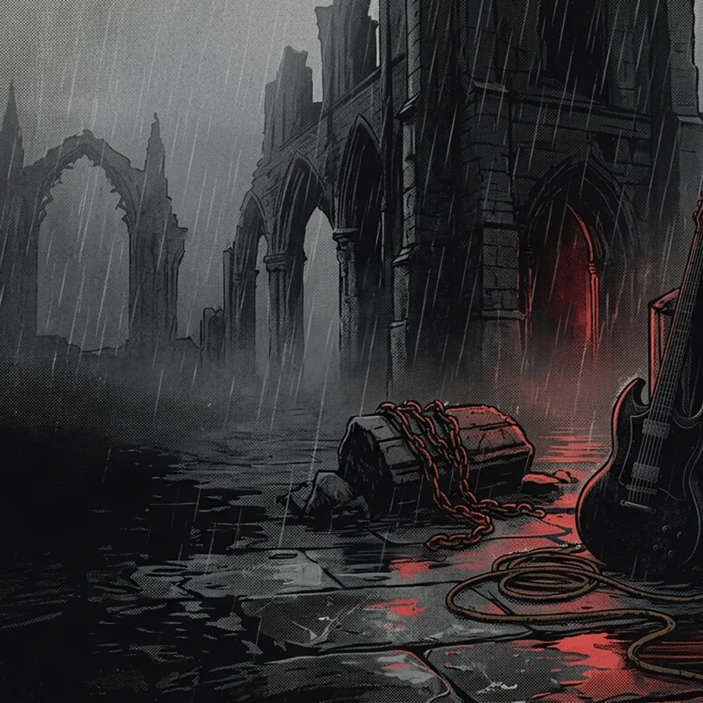 ilustración tributo de una catedral gótica en ruinas bajo lluvia intensa, niebla espesa sobre un suelo de piedra húmeda, ambiente death doom metal Liverpool años 90, sin rostros reconocibles ni logos, paleta rojo y negro profundo