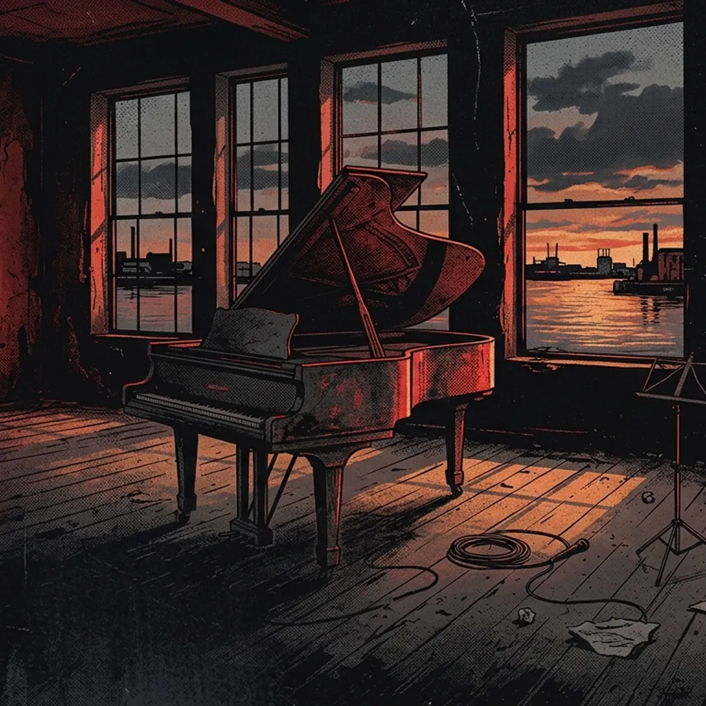 ilustración tributo de un piano solitario en el centro de una sala vacía con ventanas que dejan entrar luz crepuscular sobre el río, ambiente rock progresivo atmosférico Liverpool años 2000, sin rostros ni logos, paleta rojo y negro con destellos de luz ámbar