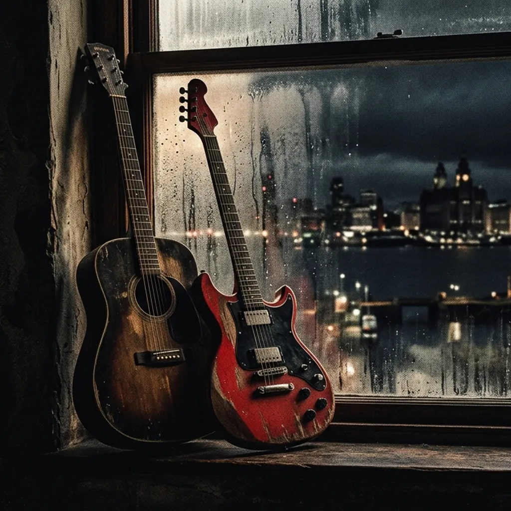 ilustración tributo de una guitarra acústica y una eléctrica apoyadas sobre una ventana empañada que da al cielo nocturno de Liverpool, luz cálida interior contra la oscuridad exterior, ambiente rock progresivo íntimo y cinematográfico, sin texto ni logotipos, paleta rojo y negro con destellos blancos