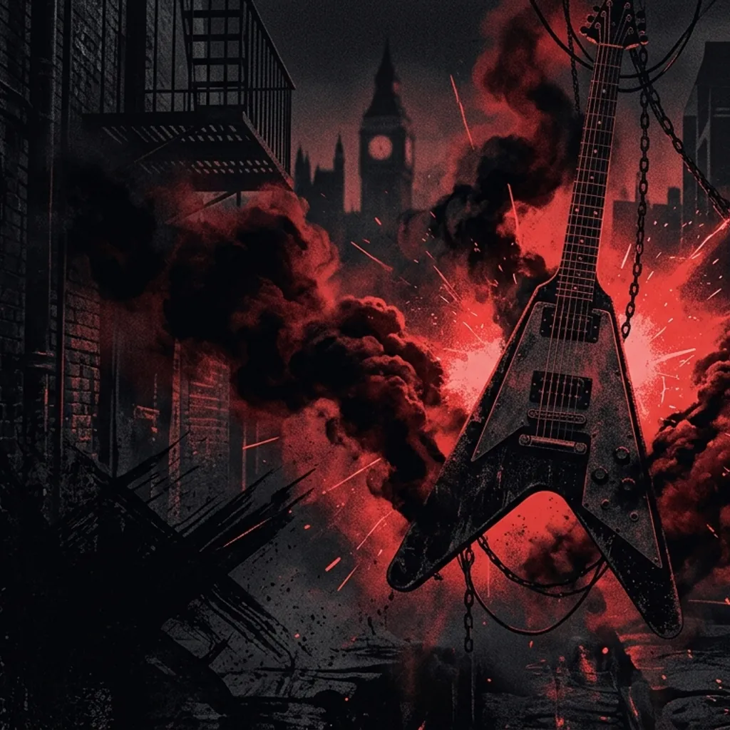 ilustración tributo de una guitarra eléctrica rodeada de humo negro y destellos de luz roja sobre un fondo nocturno londinense, atmósfera ocultista del heavy metal NWOBHM, paleta rojo y negro intenso, sin rostros reconocibles ni logos