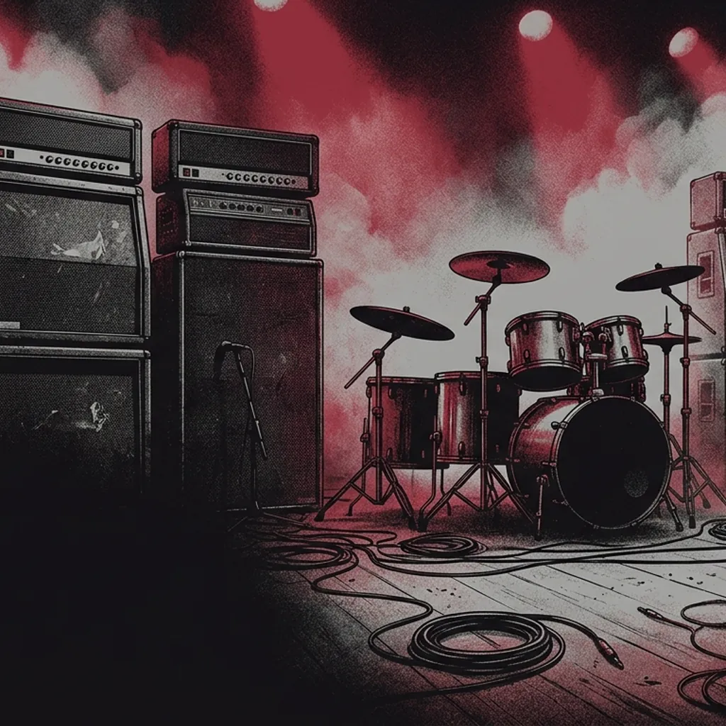 ilustración tributo de un escenario de heavy metal años 80 con amplificadores apilados bajo una luz roja carmesí y niebla de máquina, atmósfera oscura y pesada, paleta rojo y negro, sin rostros ni logos