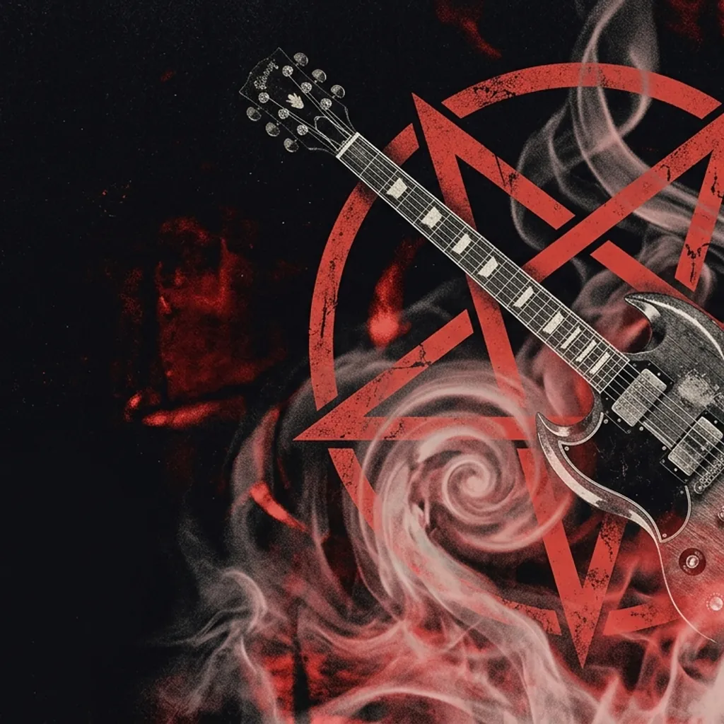 ilustración tributo de un collage de guitarra eléctrica, pentagrama estilizado y espirales de niebla sobre fondo negro con reflejos rojos, estética ocultista del heavy metal británico, paleta rojo y negro, sin texto ni logotipos