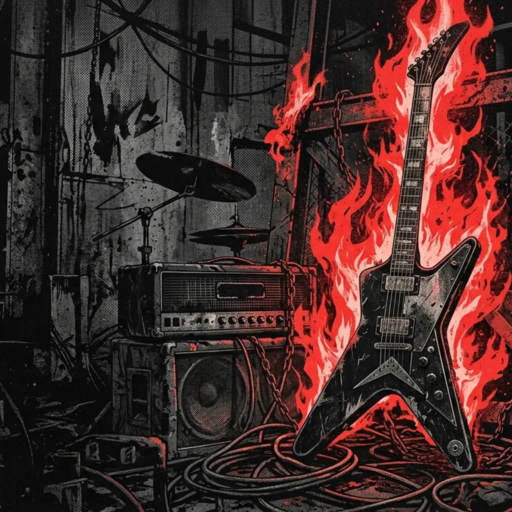 ilustración tributo de una guitarra eléctrica con llamas rojas sobre fondo negro industrial, atmósfera de thrash metal crudo y urgente, paleta rojo y negro, sin rostros reconocibles ni logos
