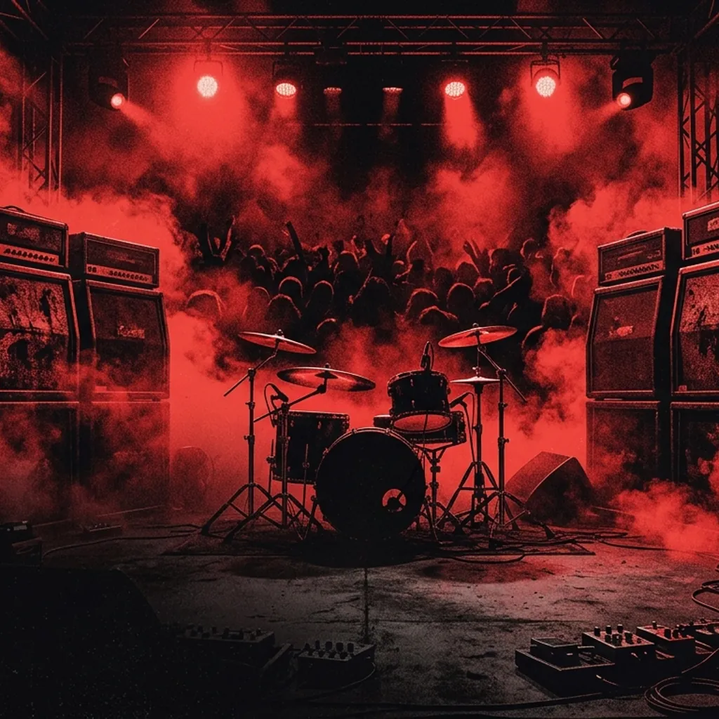 ilustración tributo de un escenario de concierto metal bañado en luz roja con amplificadores apilados y humo denso, sensación de potencia y caos controlado, paleta rojo y negro, sin rostros ni logos