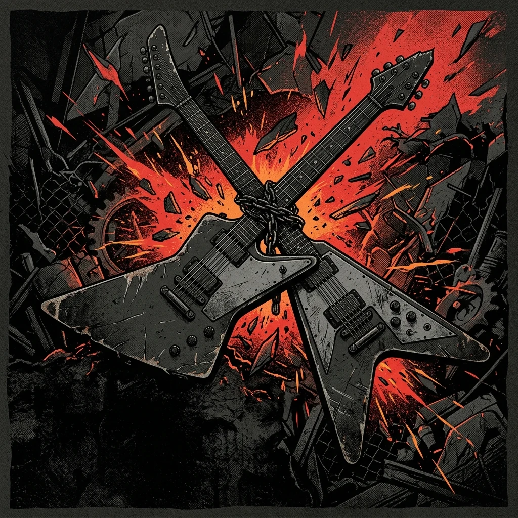 ilustración tributo de dos guitarras eléctricas cruzadas sobre un fondo oscuro con fragmentos de metralla y destellos rojos, estética thrash metal industrial de principios del siglo XXI, paleta rojo y negro, sin texto ni logotipos