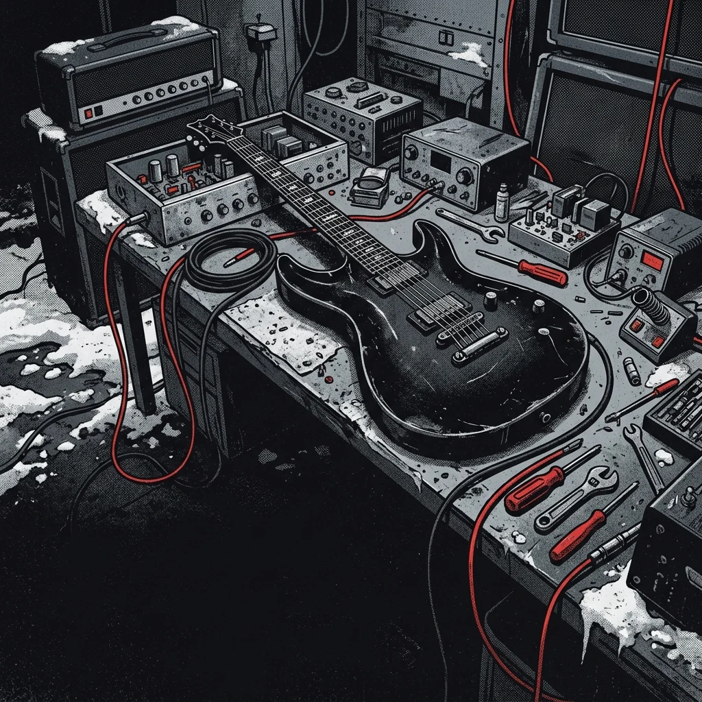 ilustración tributo de una guitarra eléctrica de alto rendimiento sobre un taller de amplificadores en Ottawa, cables y herramientas entre nieve invernal, atmósfera subterránea y técnica, paleta rojo y negro, sin rostros reconocibles ni logos