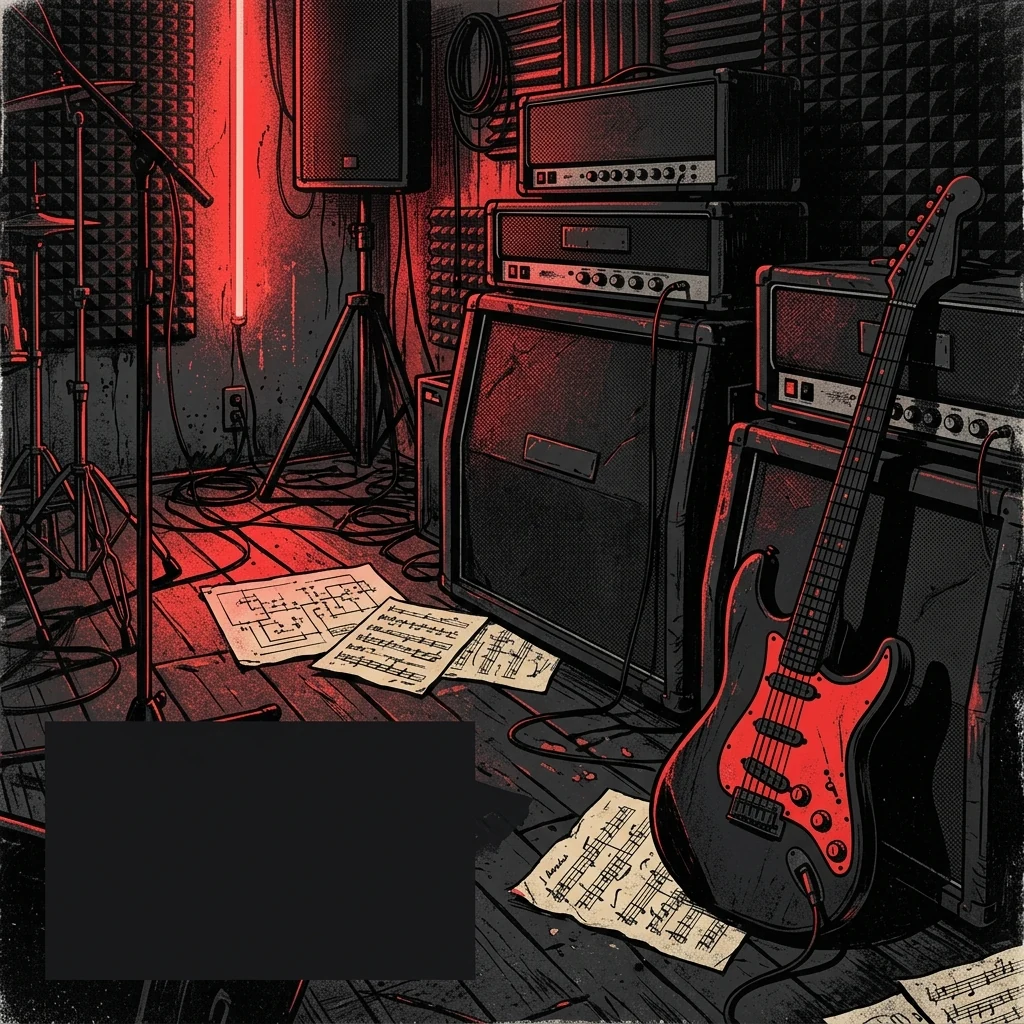 ilustración tributo de una sala de ensayo oscura con amplificadores apilados, partituras técnicas esparcidas sobre el suelo y una guitarra en primer plano sobre fondo de neón rojo, atmósfera de grabación subterránea, paleta rojo y negro, sin rostros ni logos