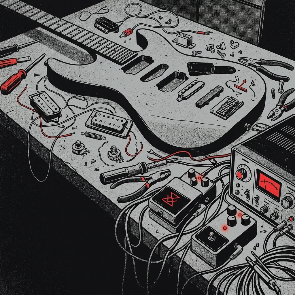 ilustración tributo de una guitarra eléctrica desmontada con piezas técnicas esparcidas sobre una mesa de estudio, cables, efectos y osciladores en primer plano, atmósfera de laboratorio sonoro de metal extremo, paleta rojo y negro, sin texto ni logotipos