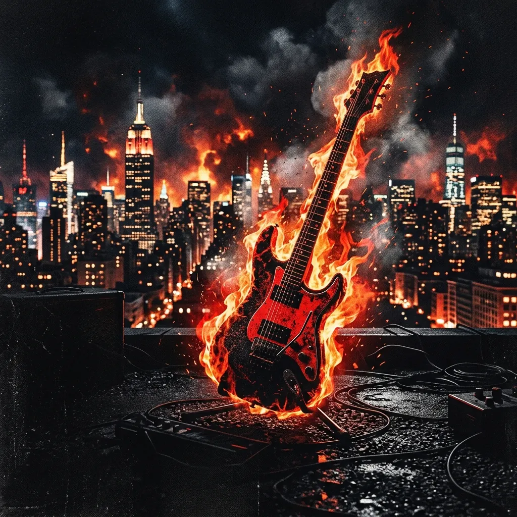 ilustración tributo de una guitarra eléctrica distorsionada en llamas frente a un skyline nocturno de Nueva York, ambiente de energía desbordante y caos controlado, paleta rojo y negro, sin rostros reconocibles ni logos
