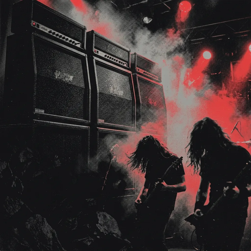 ilustración tributo de un escenario de concierto thrash metal con luces rojas y humo, amplificadores apilados al fondo, atmósfera de poder y tensión eléctrica, paleta rojo y negro, sin rostros ni logos