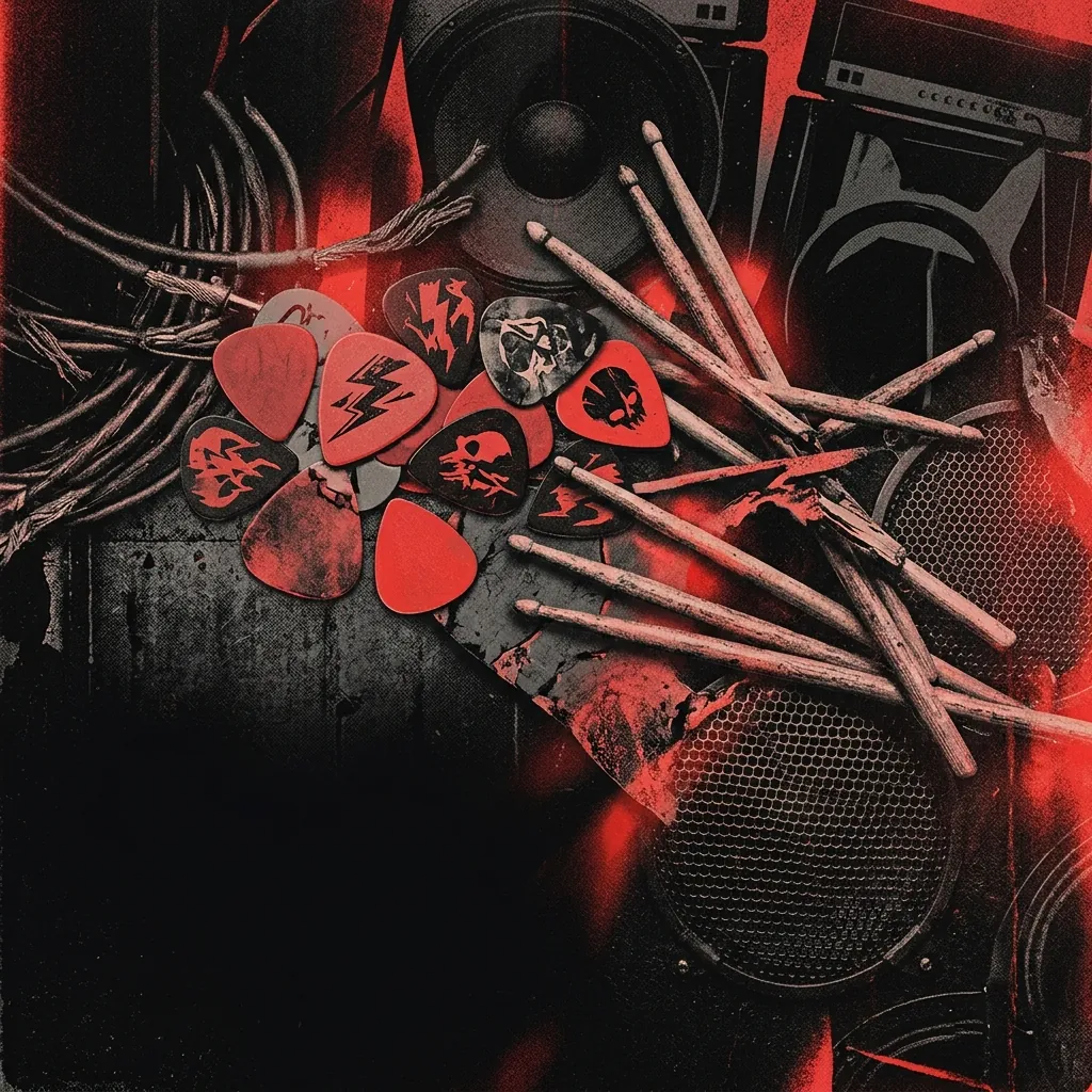 ilustración tributo de un collage de amplificadores, púas de guitarra y baquetas sobre fondo oscuro con destellos rojizos, estética thrash metal de los 80 neoyorquinos, paleta rojo y negro, sin texto ni logotipos