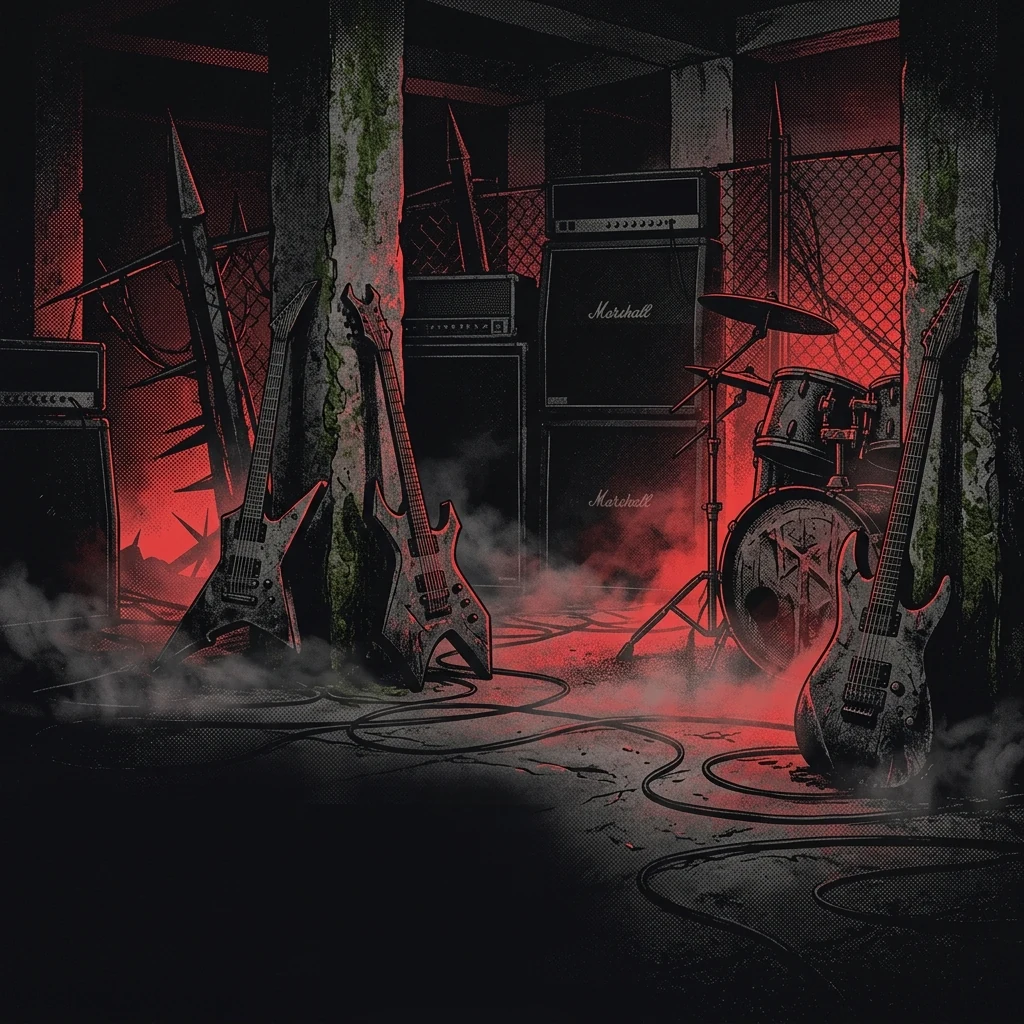 ilustración tributo de una cripta subterránea iluminada por velas rojas, pentagramas grabados en piedra, neblina rasando el suelo, atmósfera death metal holandés años 90, sin rostros reconocibles ni logos, paleta rojo y negro profundo