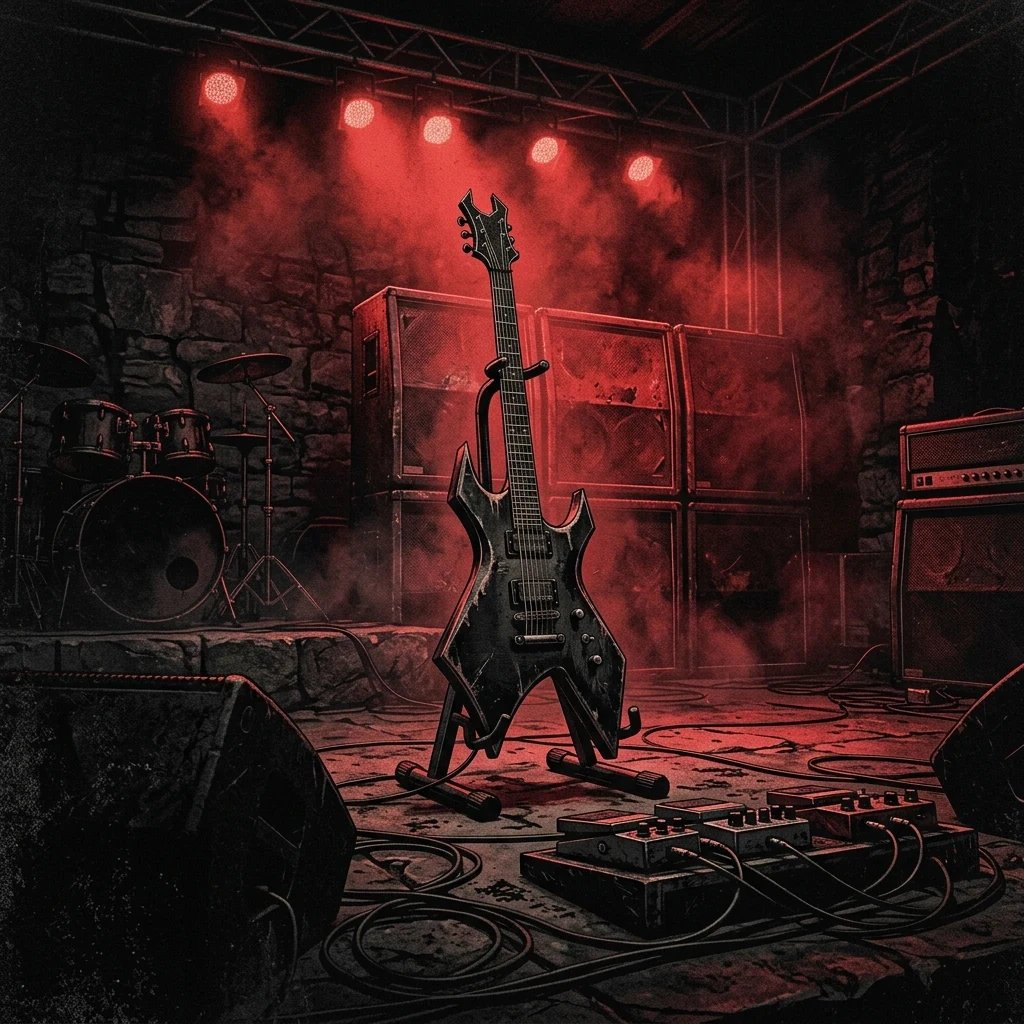 ilustración tributo de una guitarra eléctrica en penumbra sobre un altar de piedra con símbolos occult, luz roja cenital, atmósfera blackened death metal Países Bajos 2012, sin rostros ni logos, paleta rojo y negro con destellos carmesí