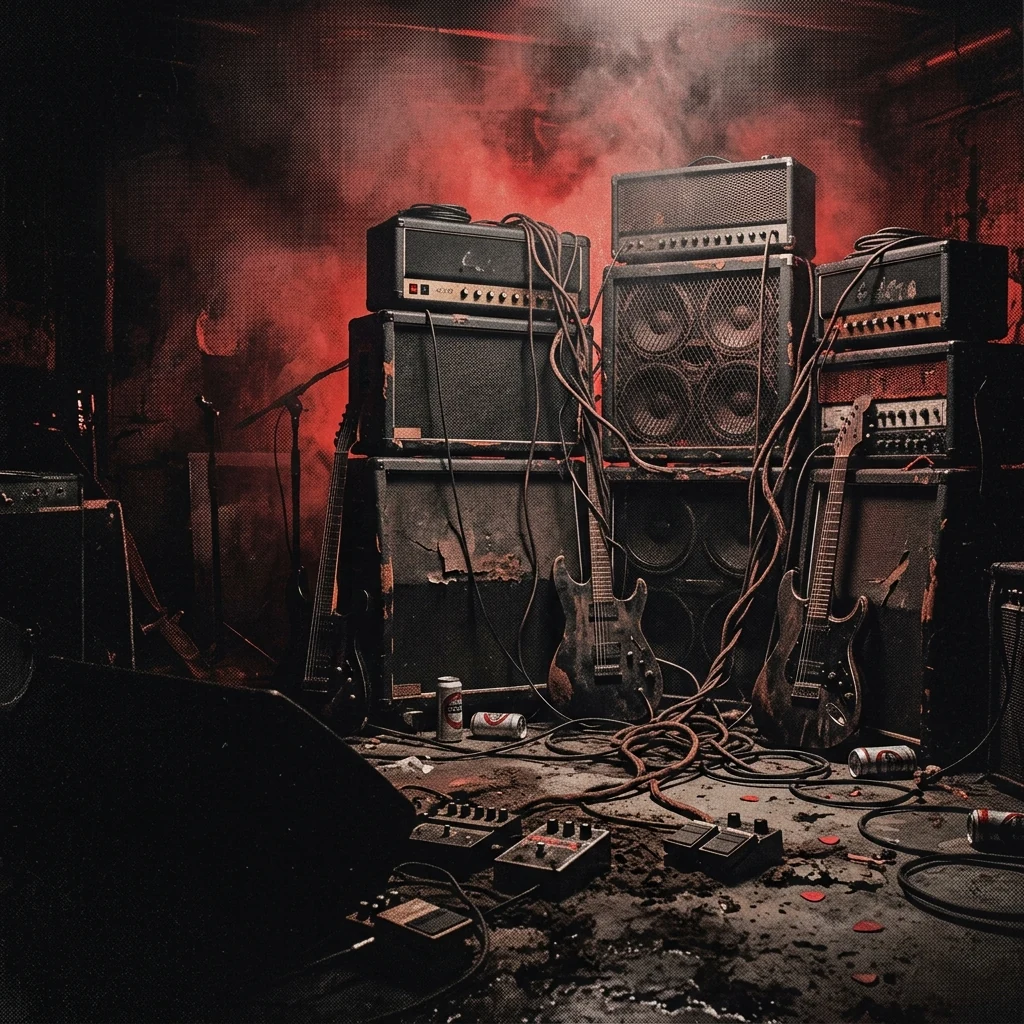 ilustración tributo de una escena underground death metal holandesa, amplificadores apilados en un sótano oscuro, cables entrelazados como raíces, luz roja tenue y humo denso, sin texto ni logotipos, paleta rojo y negro