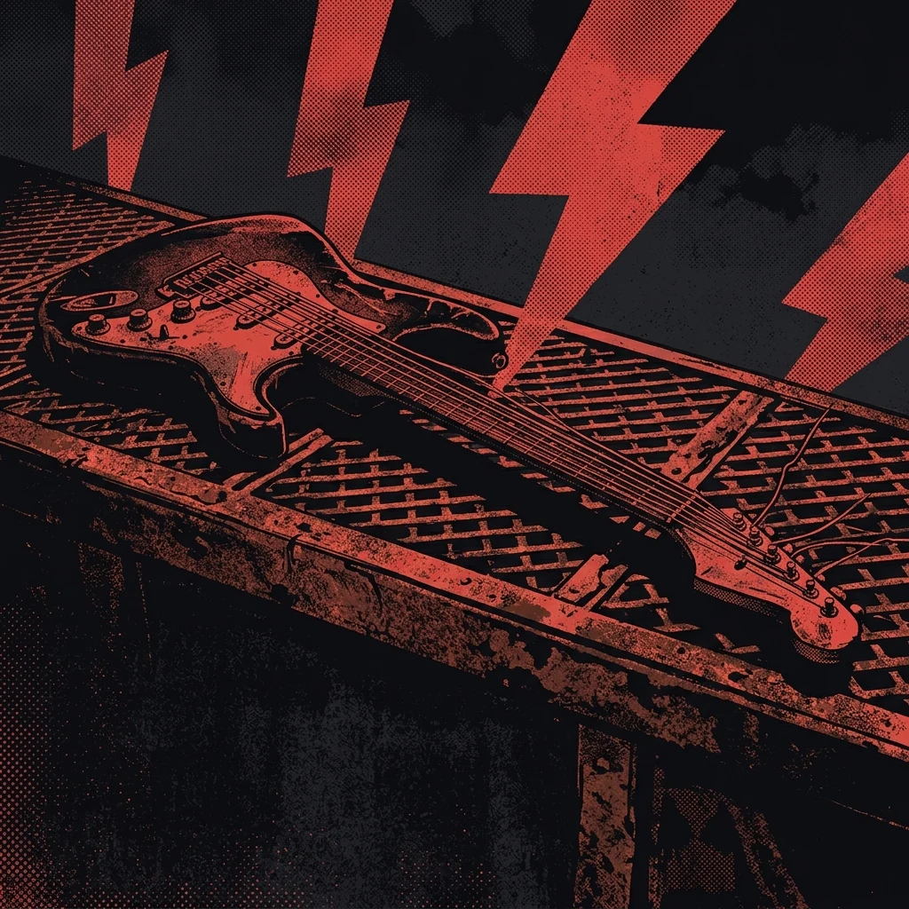 ilustración tributo de una guitarra eléctrica con cuerdas tensadas al límite sobre un escenario de metal oxidado y relámpagos industriales, paleta rojo y negro, sin rostros ni logos