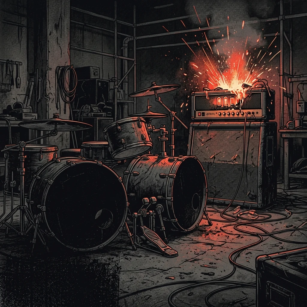 ilustración tributo de un amplificador sobrecargado con chispas de metal fundido, doble bombo de batería en primer plano, atmósfera de taller industrial y ensayo nocturno, paleta rojo y negro, sin texto ni logotipos