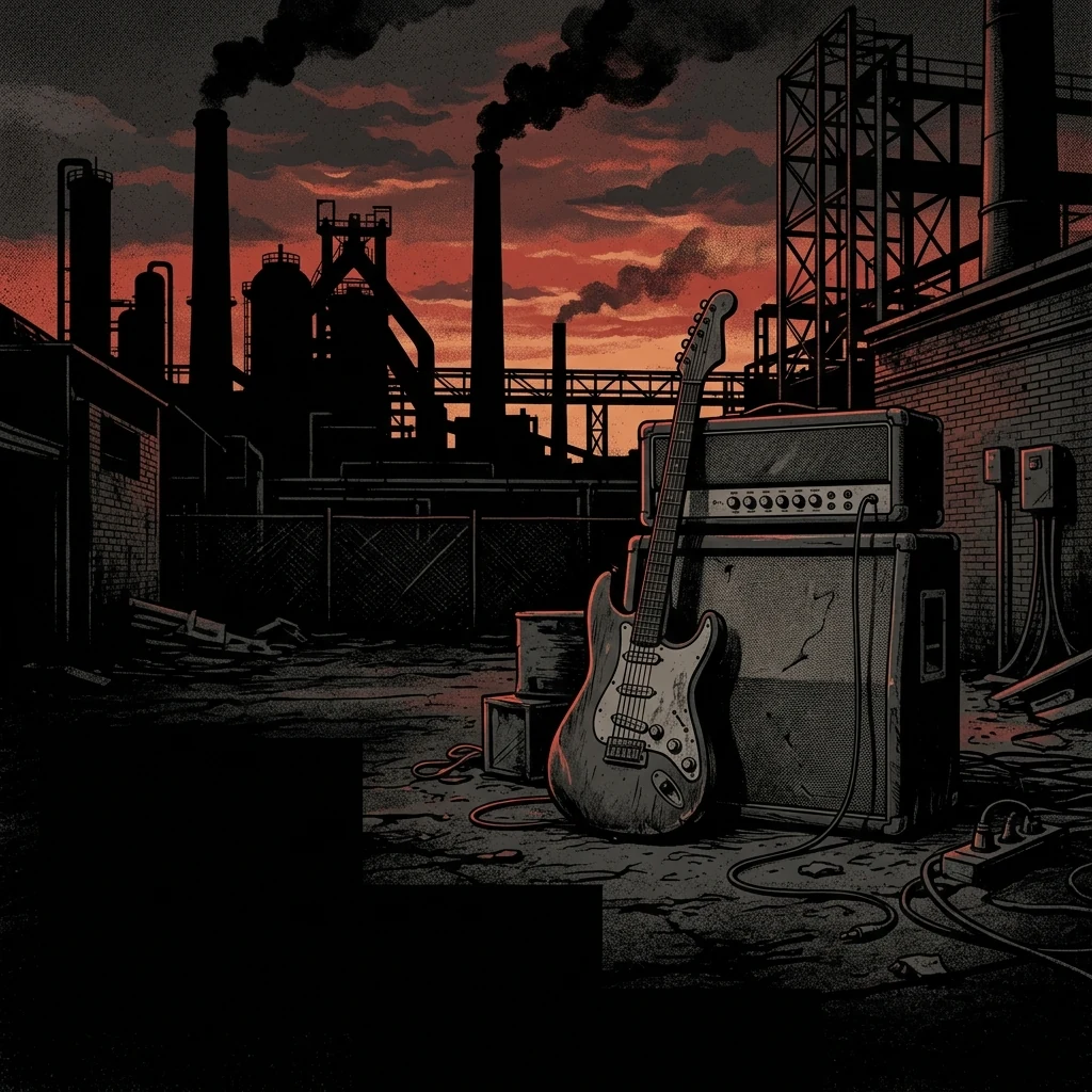 ilustración tributo de una guitarra eléctrica y un amplificador sobre un fondo industrial del Ruhr alemán, chimeneas y cielo oscuro al atardecer, atmósfera densa y poderosa, paleta rojo y negro, sin rostros reconocibles ni logos