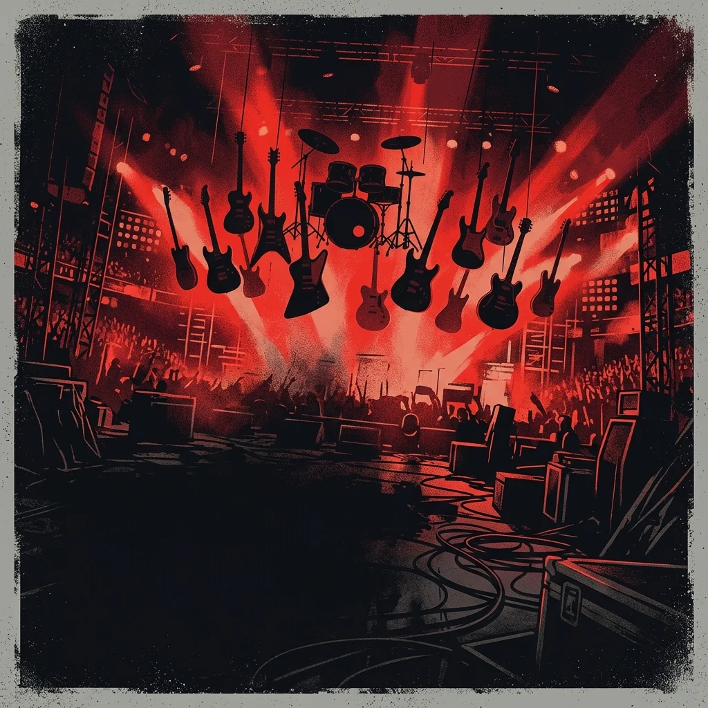 ilustración tributo de un escenario de festival con luces rojas intensas y siluetas de guitarras eléctricas suspendidas en el aire, atmósfera de concierto masivo nocturno, paleta rojo y negro, sin rostros ni logos