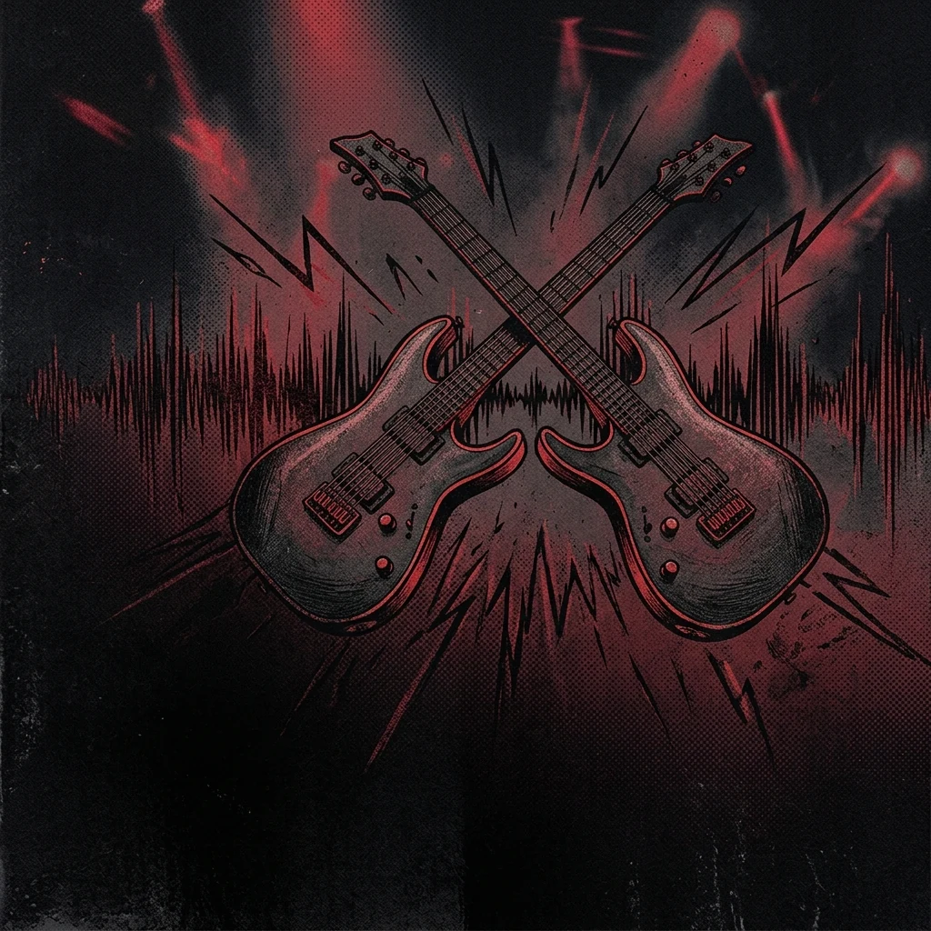 ilustración tributo de dos guitarras eléctricas cruzadas sobre un fondo de ondas de sonido y destellos de luz roja, estética metalcore europea contemporánea, paleta rojo y negro, sin texto ni logotipos