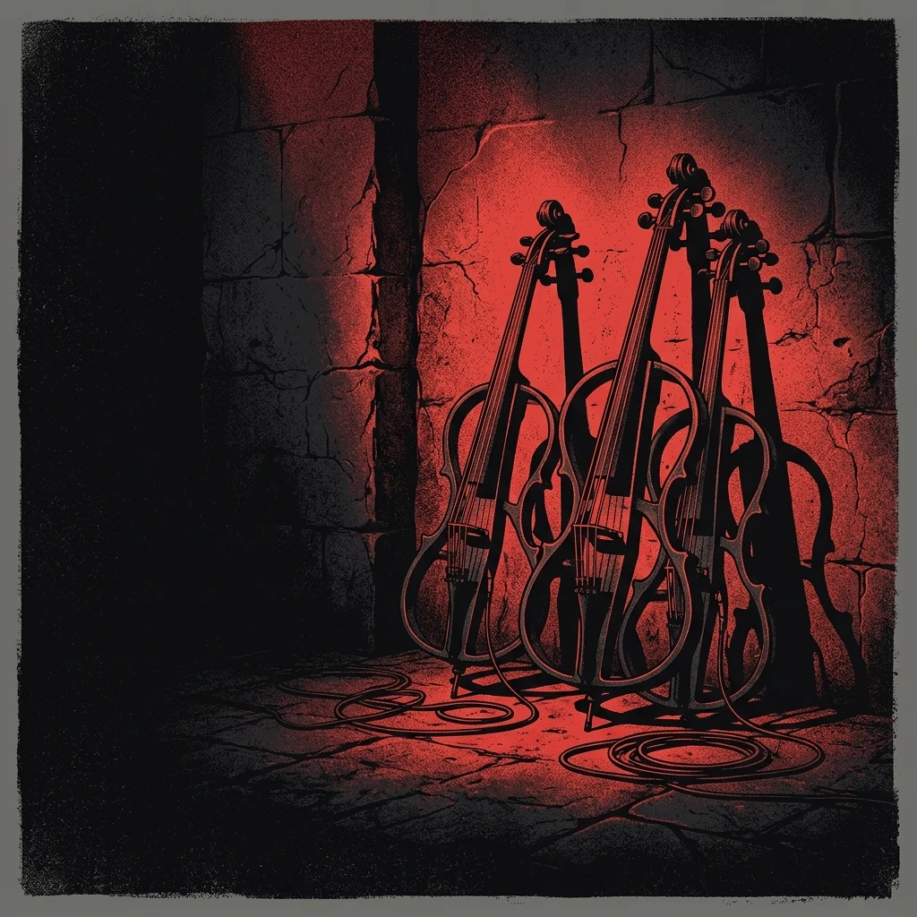 ilustración tributo de cuatro violonchelos eléctricos apoyados contra un muro de piedra oscura bajo una única luz roja, atmósfera académica y metal, sin rostros ni logos, paleta rojo y negro