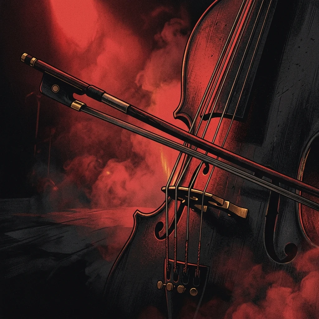 ilustración tributo de un arco de violonchelo cruzando cuerdas tensas bajo una luz de escenario roja y humo de concierto, atmósfera metal sinfónico contemporáneo, sin rostros ni logos, paleta rojo y negro con destellos dorados