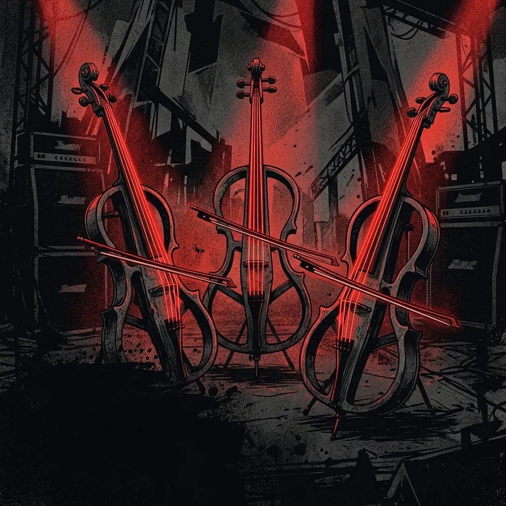 ilustración tributo de tres violonchelos eléctricos en disposición triangular sobre un escenario oscuro, cuerdas iluminadas por luz roja, arcos en posición de ataque, ambiente de concierto de metal sinfónico, sin texto ni logotipos, paleta rojo y negro