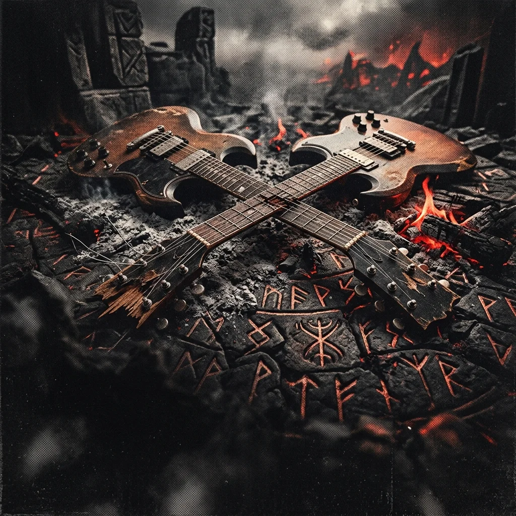 ilustración tributo de una guitarra eléctrica con mástil astillado sobre un fondo de runas vikingas y cenizas ardientes, atmósfera melodic death metal escandinavo años 90, sin rostros reconocibles ni logos, paleta rojo y negro