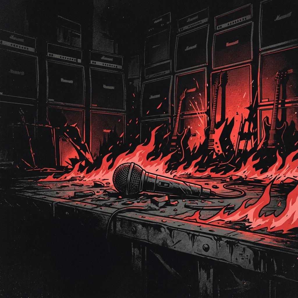 ilustración tributo de un micrófono roto entre llamas sobre un escenario de metal industrial, destellos de luz roja recortando sombras de guitarras contra una pared de amplificadores, atmósfera death metal de grandes estadios, sin rostros ni logos, paleta rojo y negro