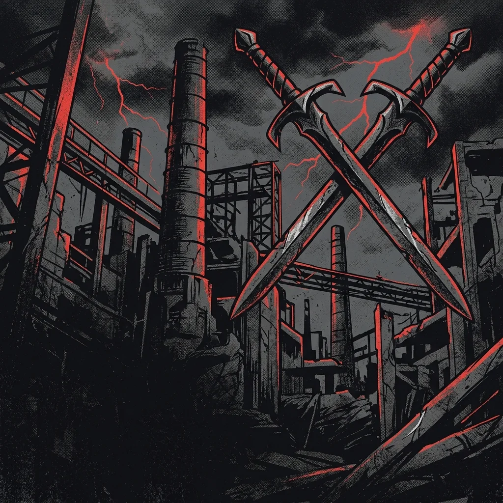 ilustración tributo de dos espadas cruzadas sobre un fondo de torres industriales en ruinas bajo un cielo de tormenta escandinava, atmósfera melodic death metal contemporáneo, sin texto ni logotipos, paleta rojo y negro con destellos de plata