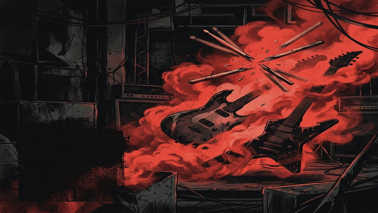 ilustración tributo de guitarras eléctricas distorsionadas y baquetas en movimiento envueltas en humo rojo sobre fondo negro industrial, atmósfera de energía y tensión técnica, paleta rojo y negro, sin rostros ni logos
