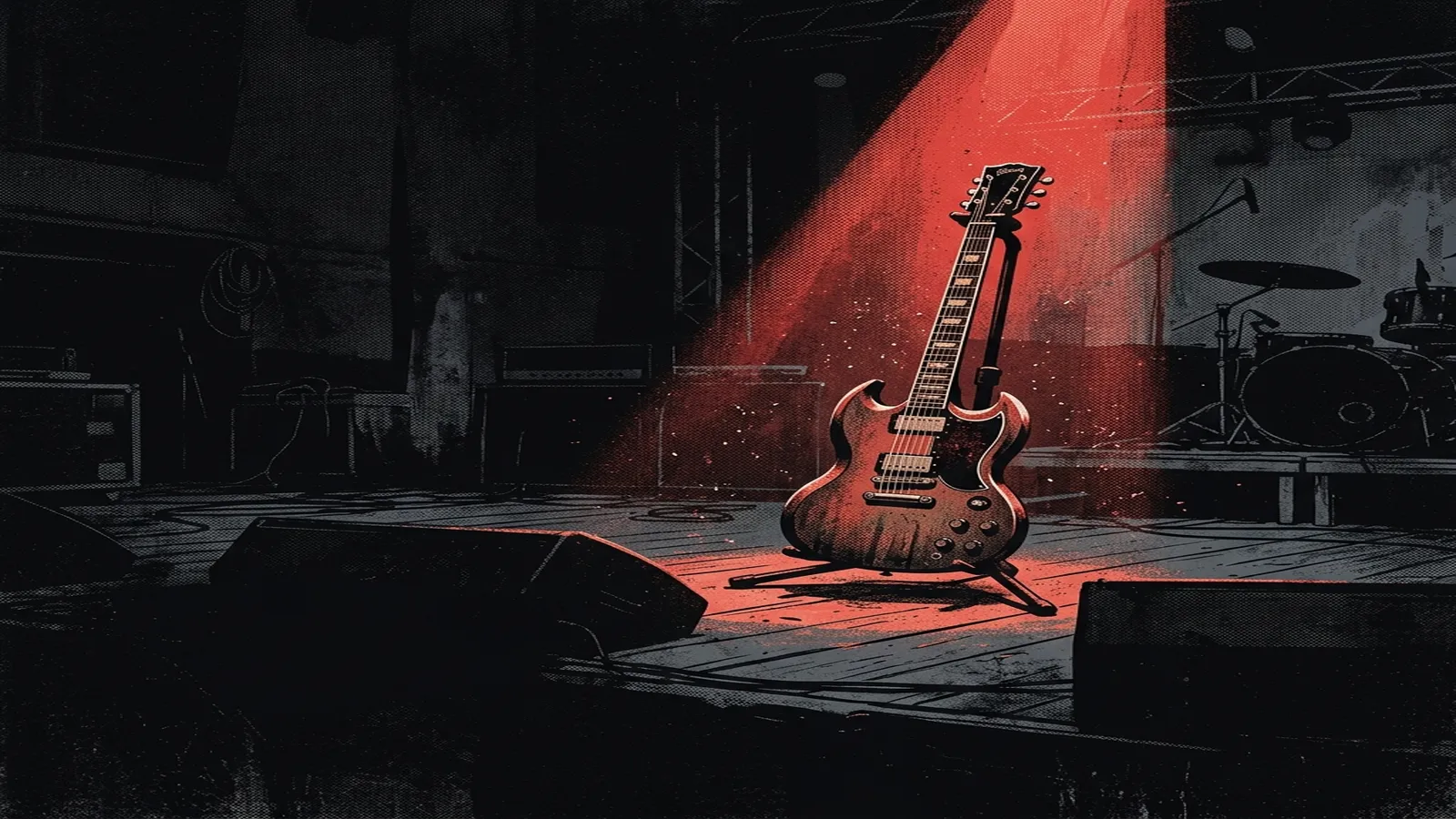 ilustración tributo de una guitarra solitaria iluminada por un haz de luz roja en un escenario vacío y oscuro, atmósfera de duelo y resiliencia, paleta rojo y negro, sin rostros reconocibles ni logos
