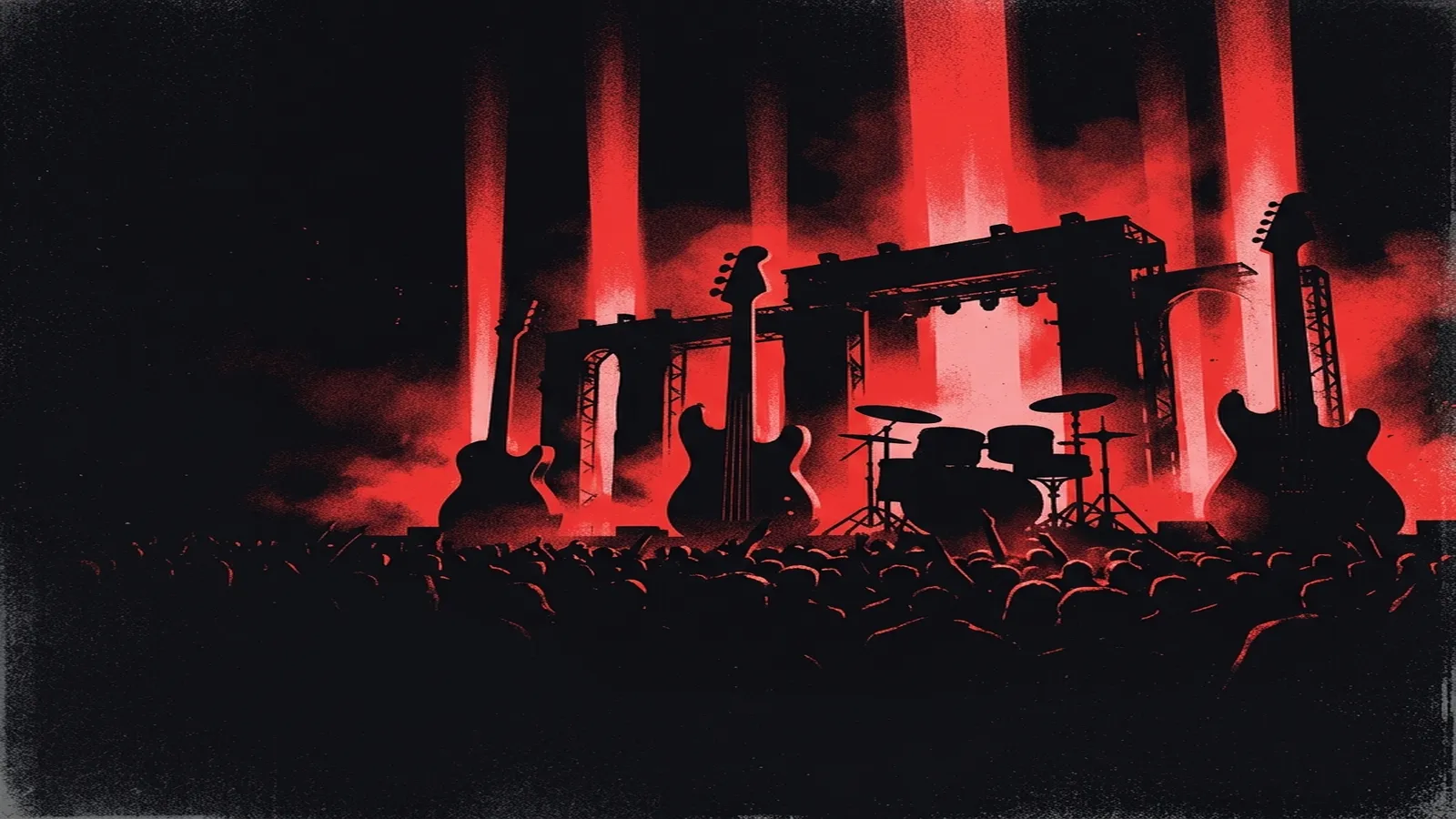 ilustración tributo de un escenario de festival con columnas de luz roja cortando la oscuridad, siluetas de instrumentos —guitarra, bajo, batería— dispuestas como arquitectura, paleta rojo y negro profundo, sin texto ni logotipos