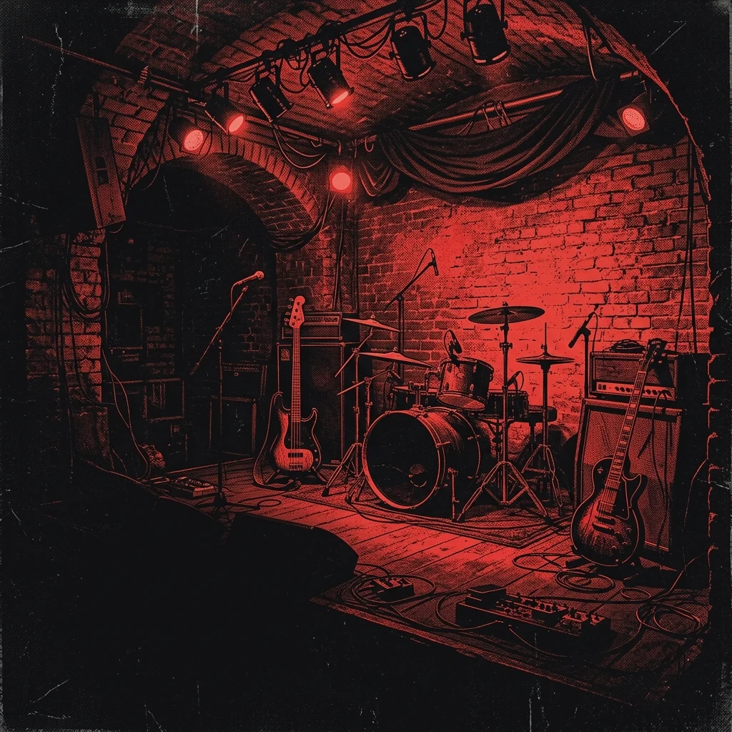 ilustración tributo de cuatro siluetas tocando en un pub pequeño de ladrillo rojo bajo luz naranja intensa, atmósfera post-punk nocturna de Sheffield, sin rostros reconocibles ni logos, paleta rojo y negro