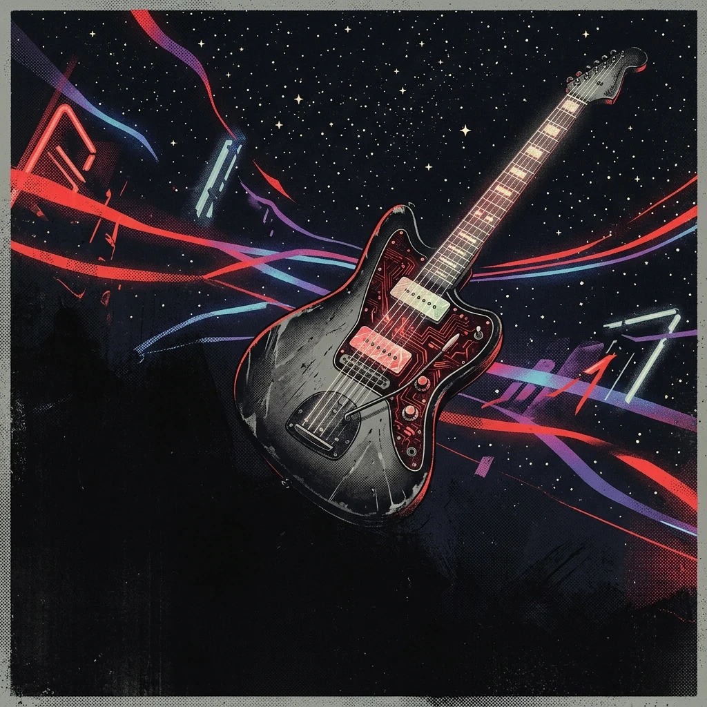 ilustración tributo de una guitarra eléctrica suspendida entre estrellas y neones de colores nocturnos, atmósfera de evolución artística de garage rock a art rock sofisticado, sin rostros ni logos, paleta rojo y negro