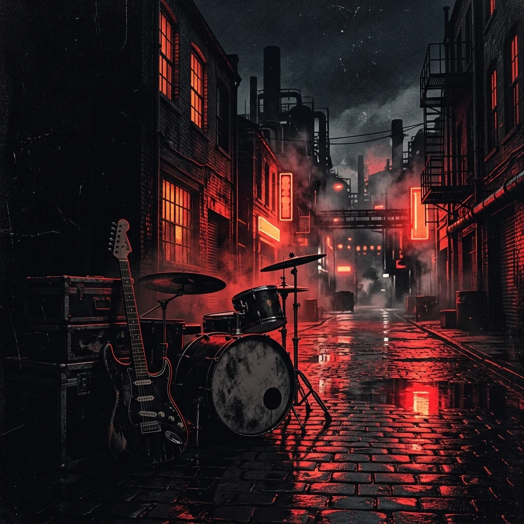 ilustración tributo de una ciudad industrial inglesa de noche con luces de neón reflejadas en el pavimento mojado, guitarra eléctrica y batería en primer plano, sin texto ni logotipos, paleta rojo y negro