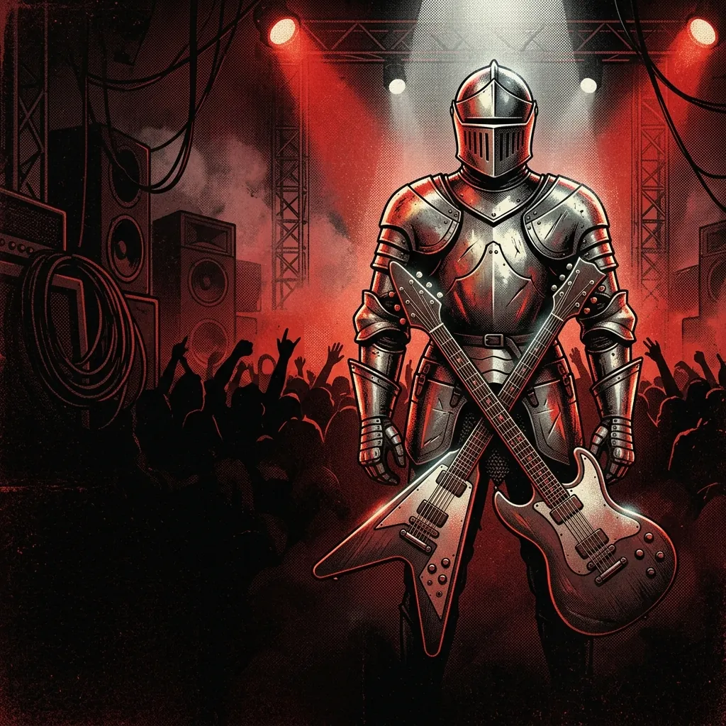 ilustración tributo de una armadura medieval brillante bajo la luz de un escenario de metal, guitarras cruzadas como espadas, atmósfera épica e intensa, paleta rojo y negro, sin rostros reconocibles ni logos