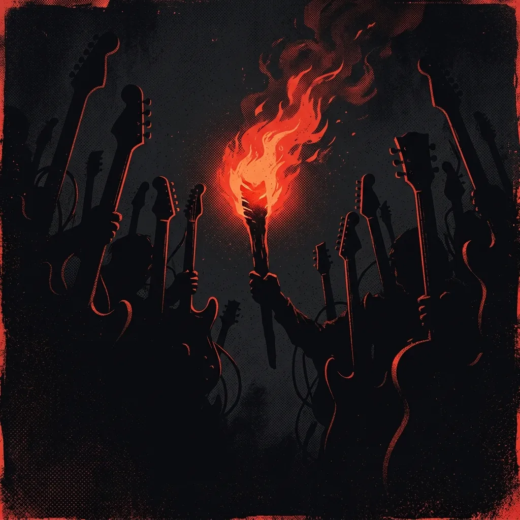 ilustración tributo de una antorcha encendida en la oscuridad rodeada de siluetas de guitarras, atmósfera de duelo y resiliencia, paleta rojo y negro, sin rostros ni logos