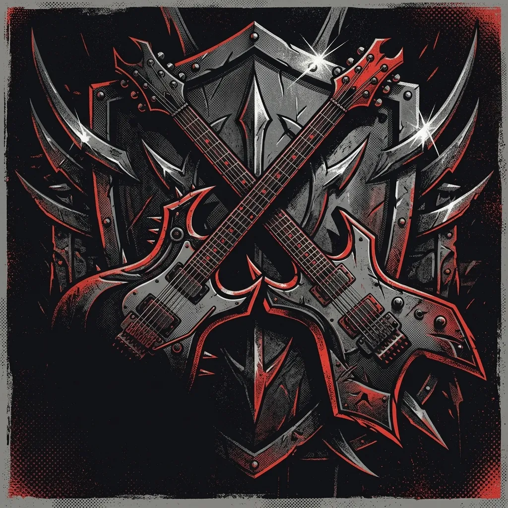 ilustración tributo de dos guitarras eléctricas entrelazadas sobre un fondo de escudo medieval con destellos de acero, estética heavy metal de los 80, paleta rojo y negro, sin texto ni logotipos