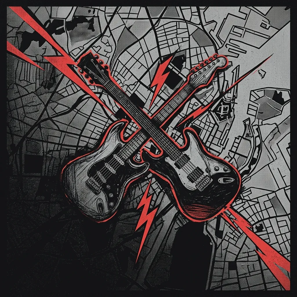 ilustración tributo de dos guitarras eléctricas cruzadas sobre un mapa estilizado de Copenhague en tonos industriales, relámpagos de velocidad y contornos nórdicos angulares, atmósfera subterránea de ensayo, paleta rojo y negro, sin rostros reconocibles ni logos
