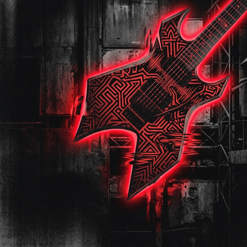 ilustración tributo de una guitarra eléctrica con arabescos geométricos de inspiración oriental superpuestos, viñeta de neón rojo sobre fondo negro industrial, sin rostros ni logos, motivos de laberinto sonoro y velocidad